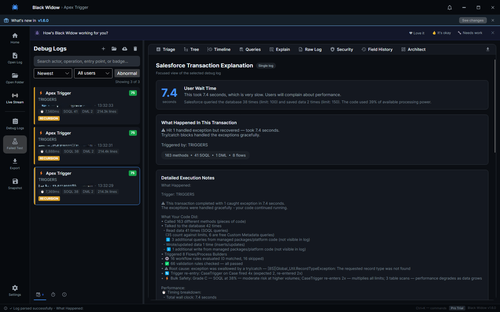 Black Widow Explain tab showing a plain-English transaction explanation with recursion and managed-package detection
